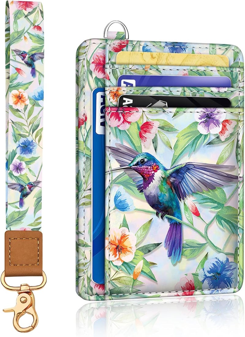 Yonlevres Hummingbird RFID Wristlet Wallet for Women Slim, Small Credit Card Holder Front Pocket Keychain Lanyard, Travel Cute Thin ID Window PU Leather Mini Organizer Case Purse Woman Gifts Ladies - Image 1